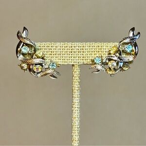 Vintage MCM Pastel Colored Rhinestone 
Silver Tone Clip On Post Earrings